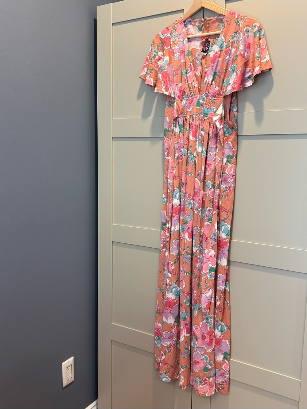 Handmade Vintage Floral Maxi Dress with Flutter Sleeves